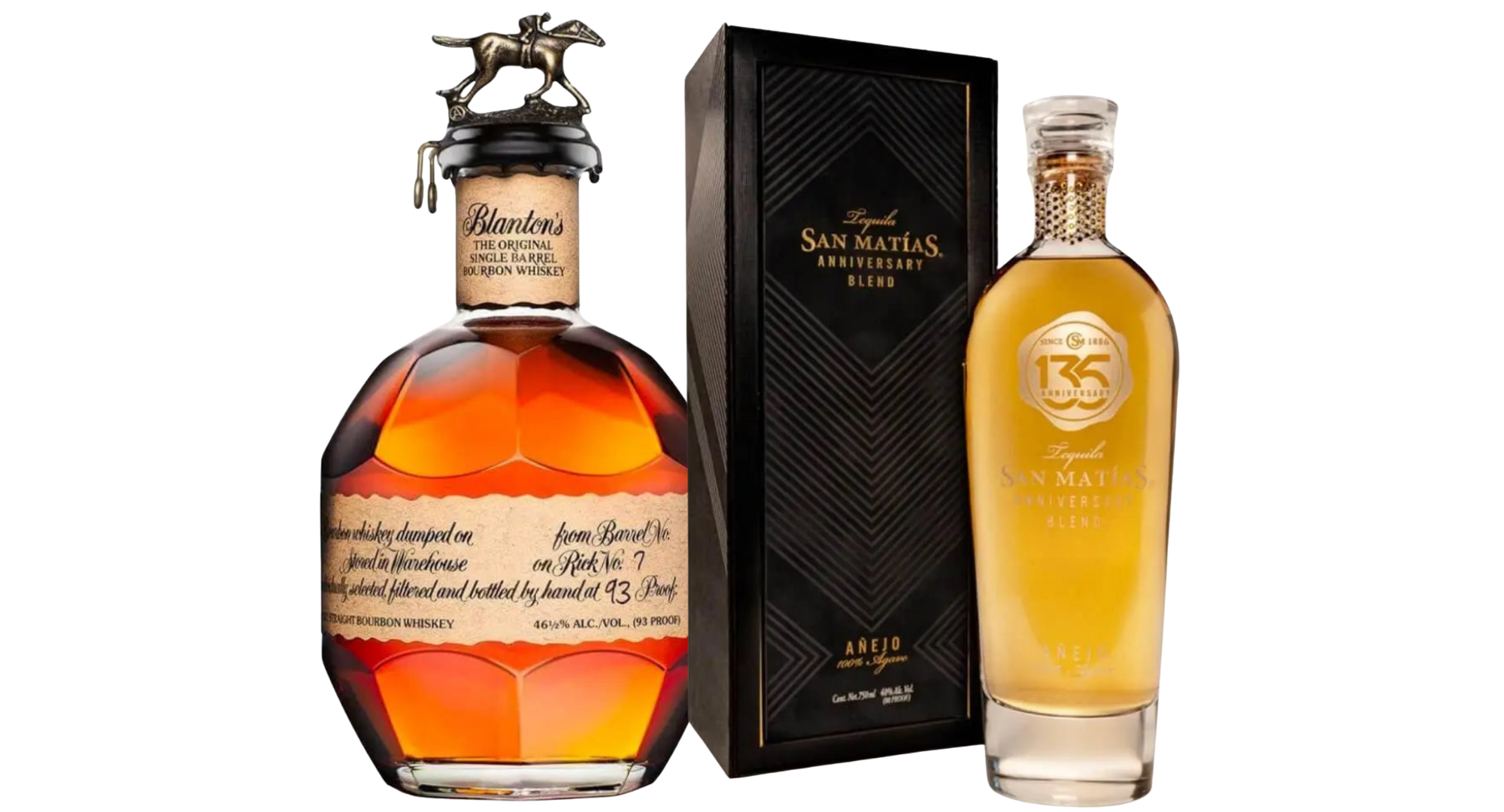 A bottle from Heritage Reserve Collection—Blanton’s, Fortaleza Blanco & San Matías 135th Anniversary Añejo by Main Street Liquor—features the iconic Blanton’s horse topper beside boxed and unboxed San Matías bottles.