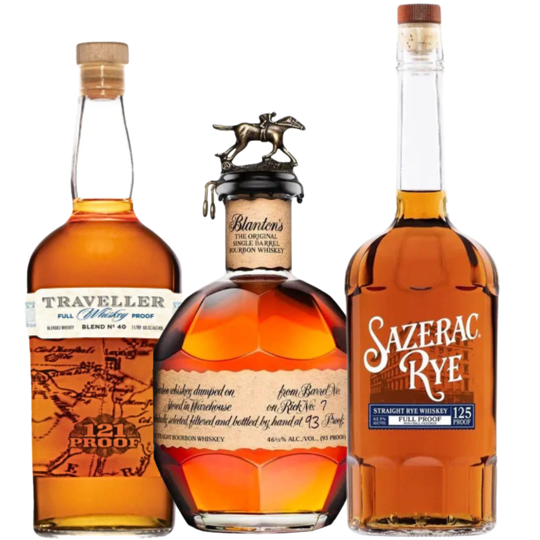 The Sazerac Blanton’s Original, Sazerac Rye Full Proof & Traveller Full Proof Bundle features three amber whiskeys in distinctively shaped bottles with unique labels and stoppers.