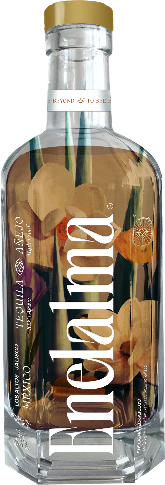 A clear glass bottle of Enelalma Tequila High Proof Añejo 750mL features a gold cap, bold white lettering, a floral and leaf design inside the bottle, and is aged in American white oak barrels for a refined finish.