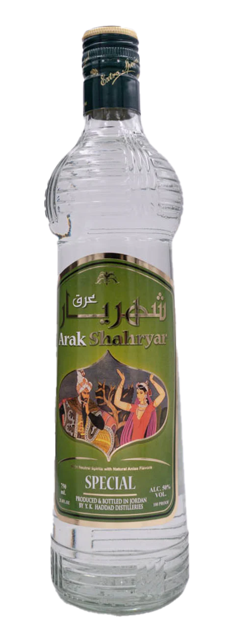 A clear 750 ml bottle of Arak Shahryar Special, a traditional anise-flavored spirit from Arak Shahryar, features a green label with Arabic and English text and an illustration of two people in traditional attire. 46% alcohol by volume.