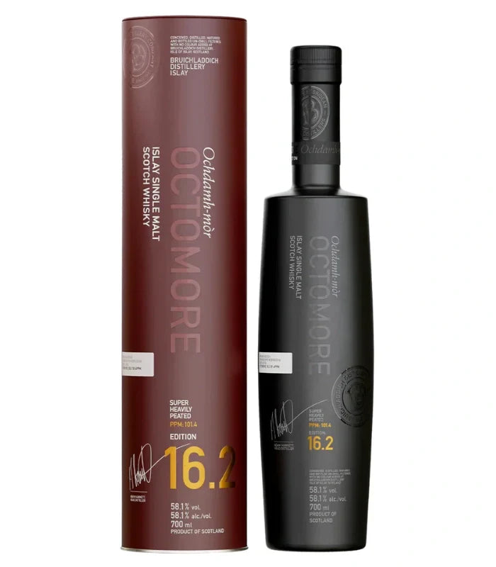 A bottle of Bruichladdich Octomore Edition 16.2 Single Malt Scotch Whisky 700mL stands beside its matching black cylindrical box, both featuring gold and white text with the edition number and Islay single malt Scotch whisky details.