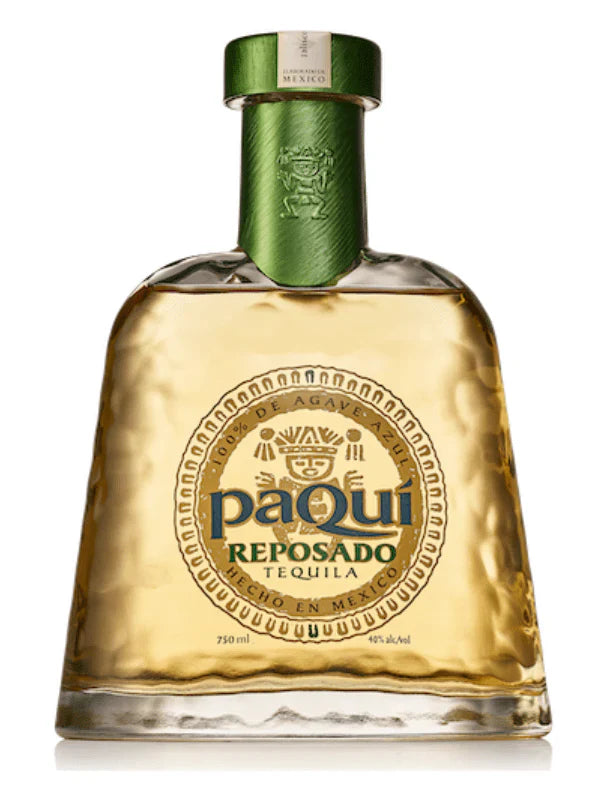 A bottle of PaQui Reposado Tequila by Paqui, made in Jalisco, Mexico from Blue Weber Agave, featuring a wide base, green cap, and a gold Aztec-style label with the brand name.