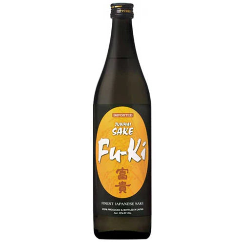 Fu-Ki Junmai Sake 750ml features a dark glass bottle with an orange label displaying the Fu-Ki brand name in white and Japanese characters, marked as Finest Japanese Sake.