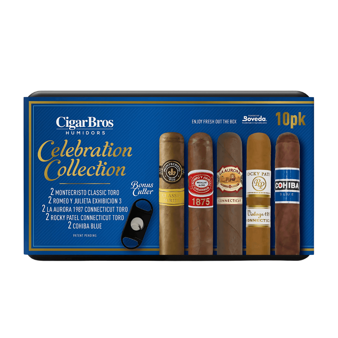 CigarBros Celebration Collection 10 Cigar Sampler Gift Set with Humidor & Cutter