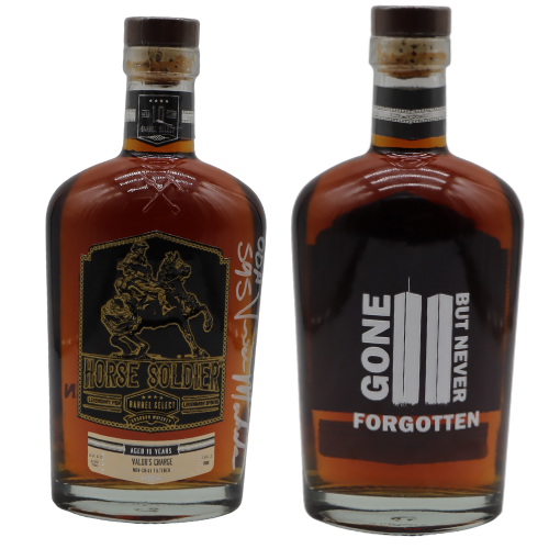 Two bottles of Horse Soldier Barrel Strength Limited Edition "Gone But Never Forgotten" Bourbon by Horse Soldier Bourbon, featuring a front label with two soldiers on horseback and "GONE BUT NEVER FORGOTTEN" in bold on the back.
