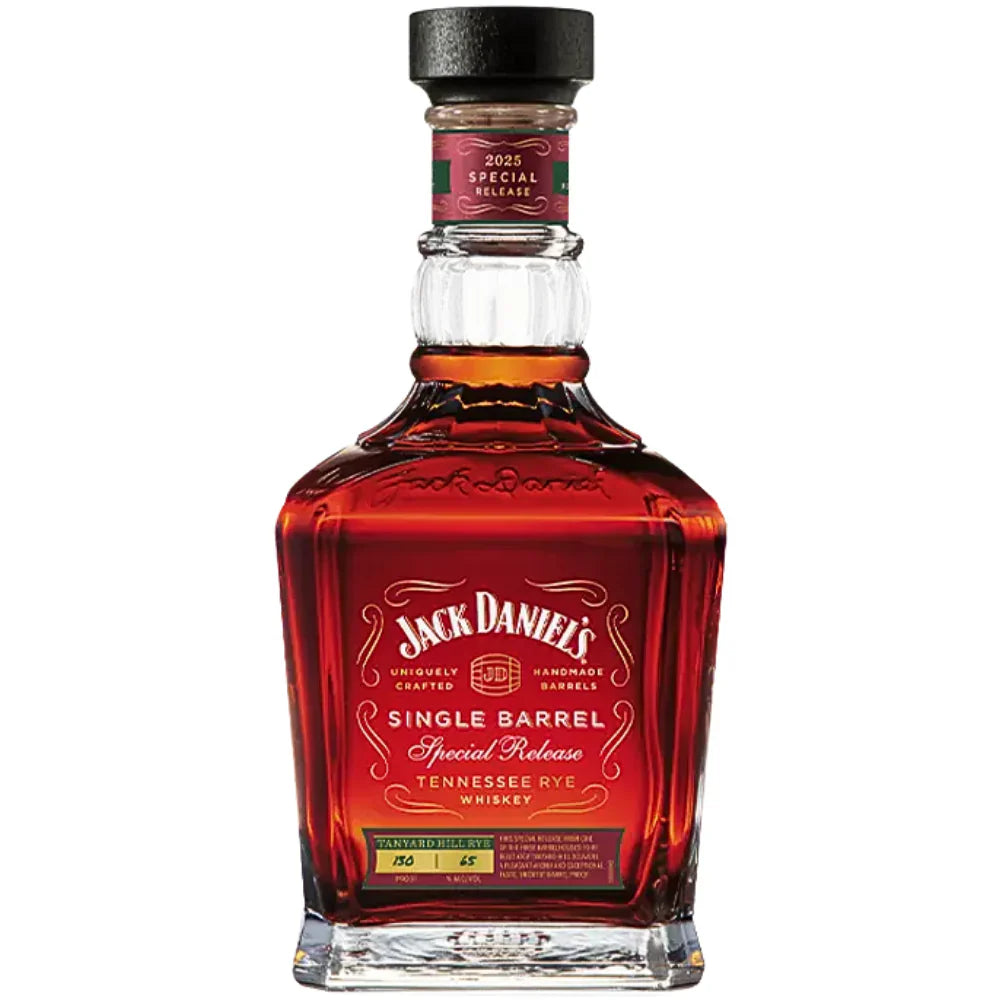 A bottle of Jack Daniel’s Single Barrel Special Release Tanyard Hill Rye 2025 features a distinctive label, filled with amber whiskey and topped with a black cork stopper.