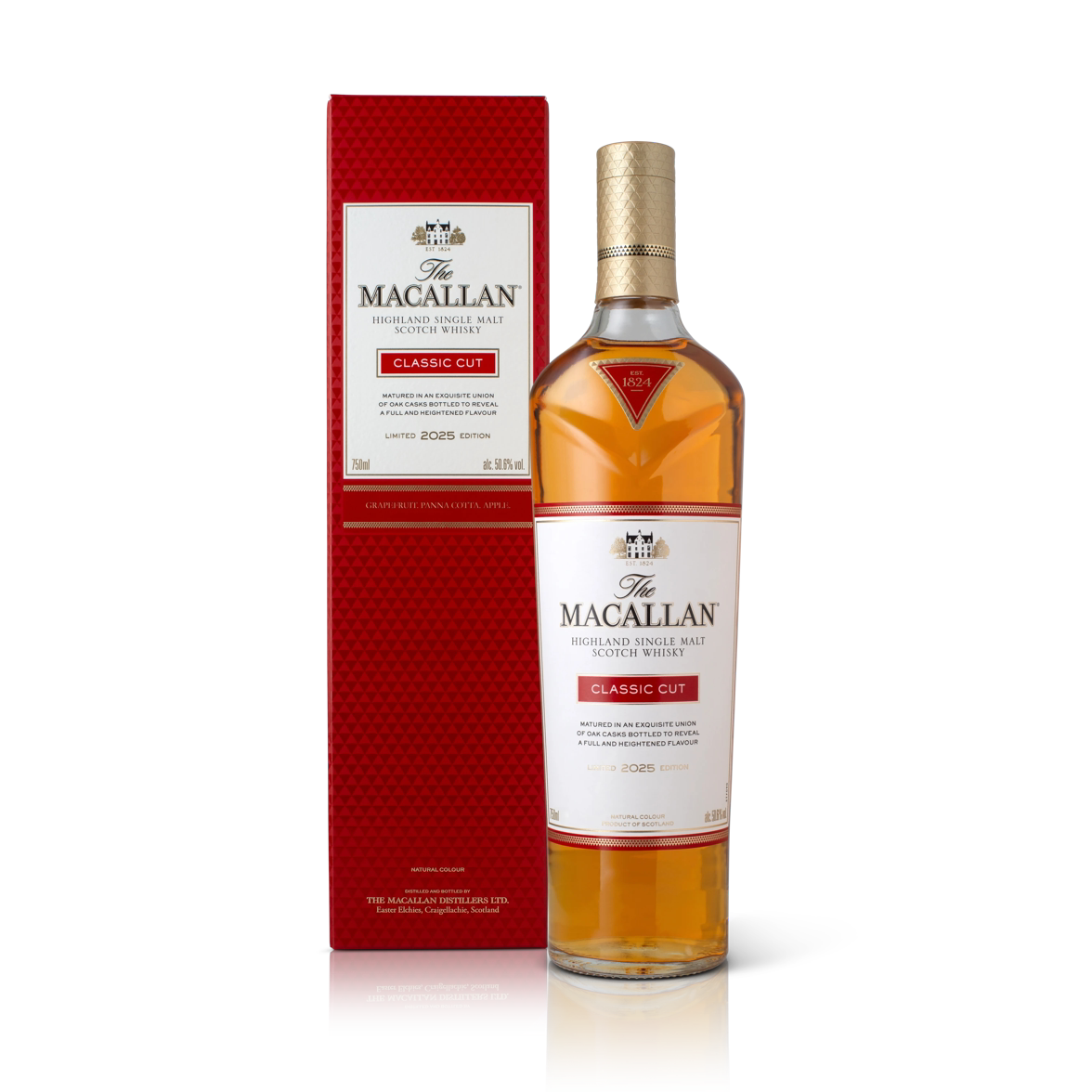 A bottle of The Macallan Classic Cut 2025 Single Malt Scotch Whisky stands beside its red and white box, both featuring gold accents and label details from The Macallan, highlighting this limited release.