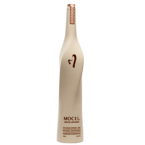 A tall, elegant cream-colored bottle with minimalist design labeled "Mocel Mezcal Artesanal Cupreata Joven 2023" in brown, featuring a simple snake illustration—this limited-edition Mocel mezcal celebrates artistry and tradition.