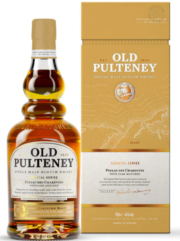 A bottle of Old Pulteney Coastal Series Pineau Des Charentes Wine Cask Matured stands beside its yellow and white box adorned with gold map details and text.