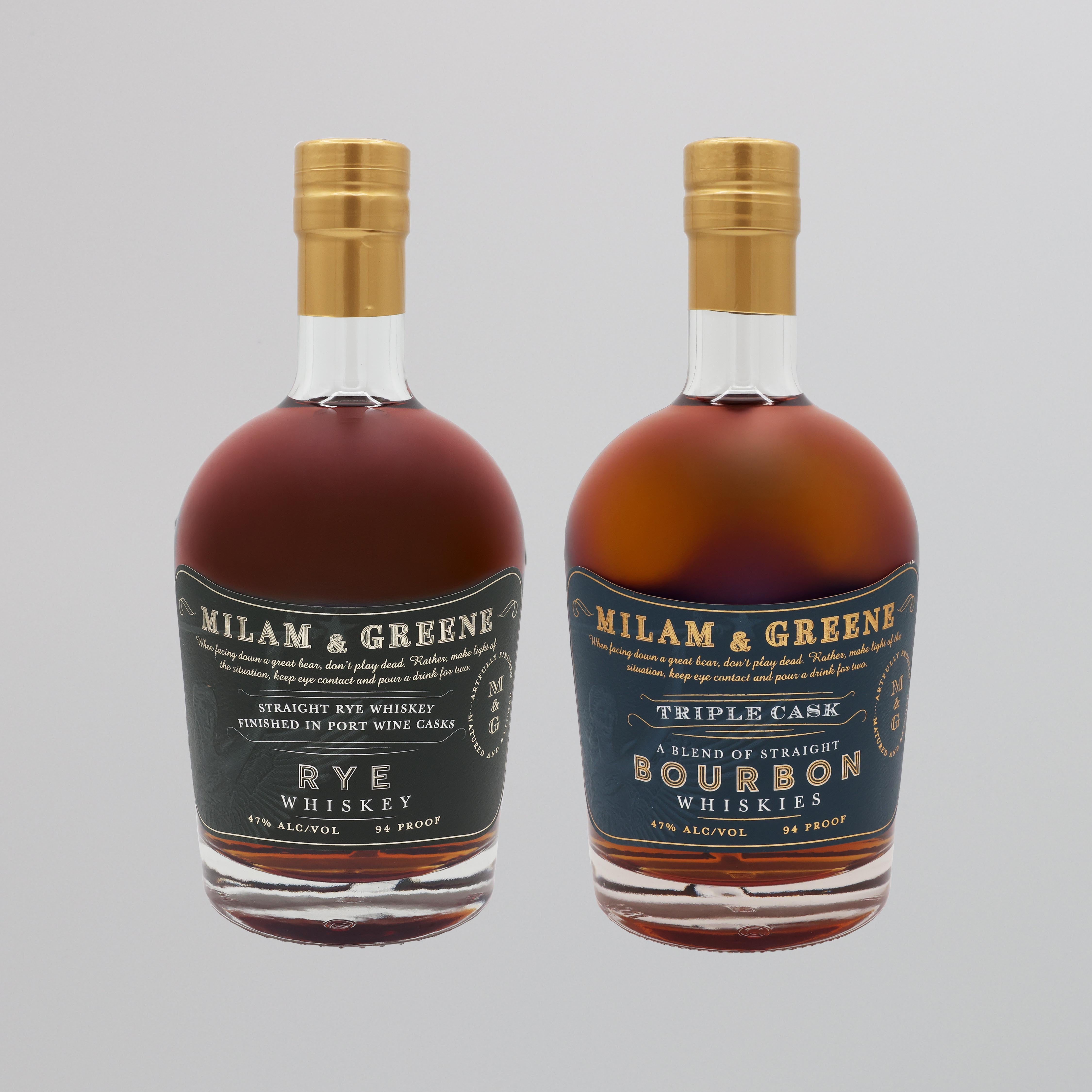 The Milam And Greene Top Selling Duo Bundle displays two bottles—Rye Whiskey and Triple Cask Bourbon—side by side, both with black labels, gold lettering, and caps, representing the acclaimed Milam And Greene brand.