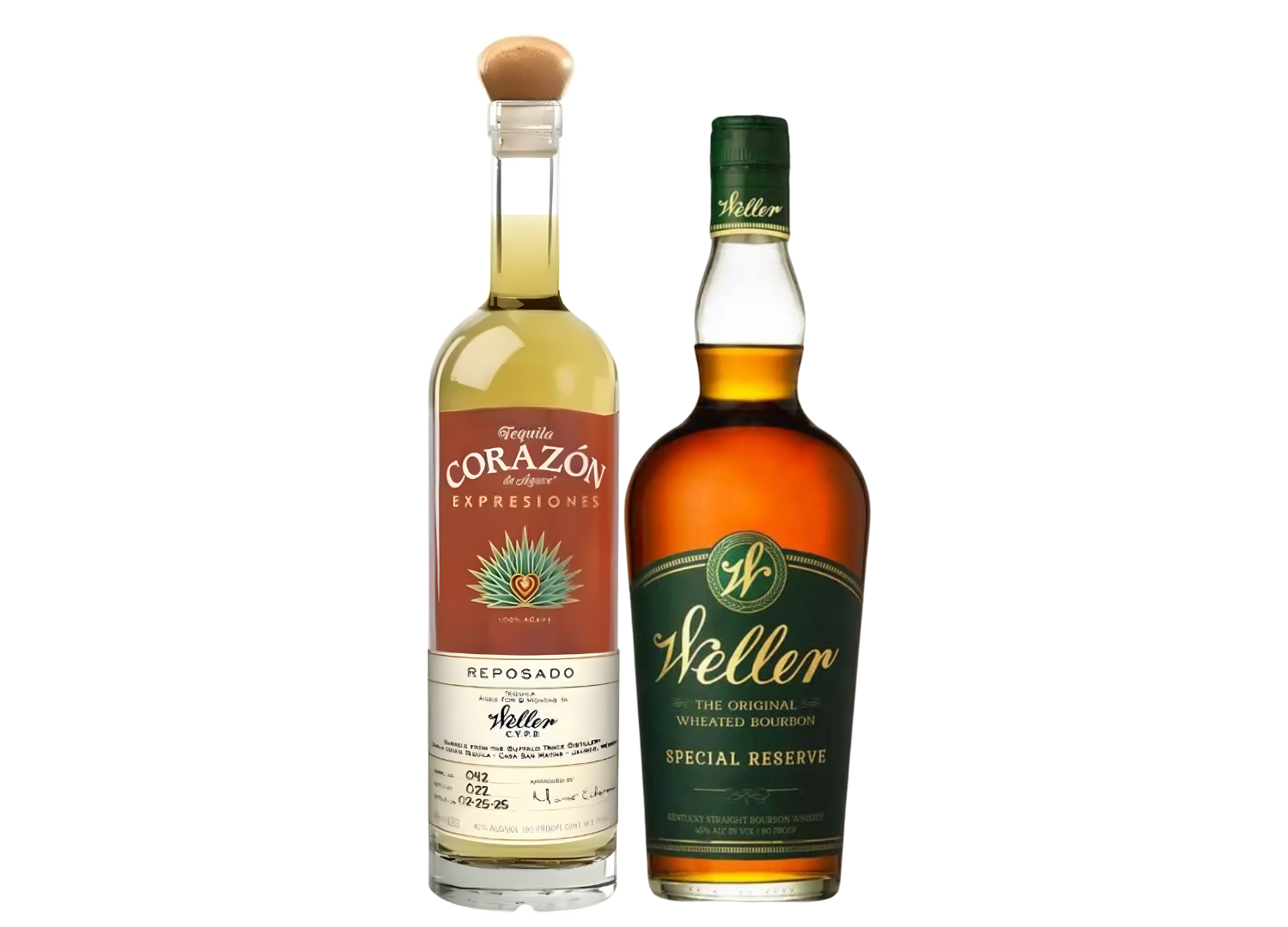 The Weller Brothers Bundle from Main Street Liquor: Corazon Expresiones Reposado tequila with a wood cap and agave logo stands left of W.L. Weller Special Reserve bourbon with a green label, both displayed on a white background.