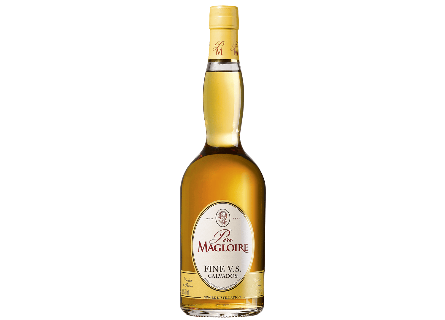A bottle of Pere Magloire Fine V.S. Calvados, an apple brandy from Normandy, features a gold foil cap and a white oval label with red and gold accents. This French spirit by Pere Magloire displays a light amber glow.