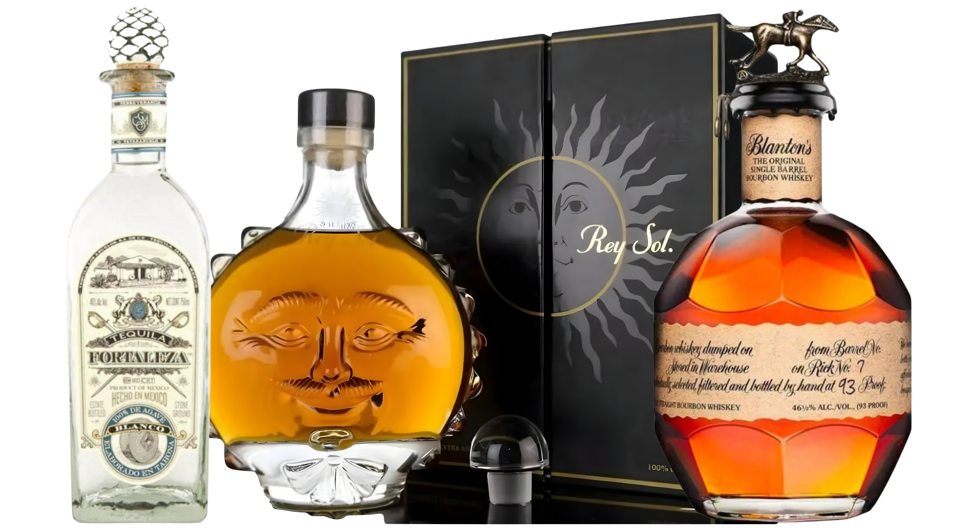 The Barrel Icons Bundle from Main Street Liquor features four premium spirits, including Rey Sol Extra Añejo Tequila with a sun face bottle, Blanton’s Original Single Barrel Bourbon with horse stopper, ornate labels, and a sun-illustrated box.