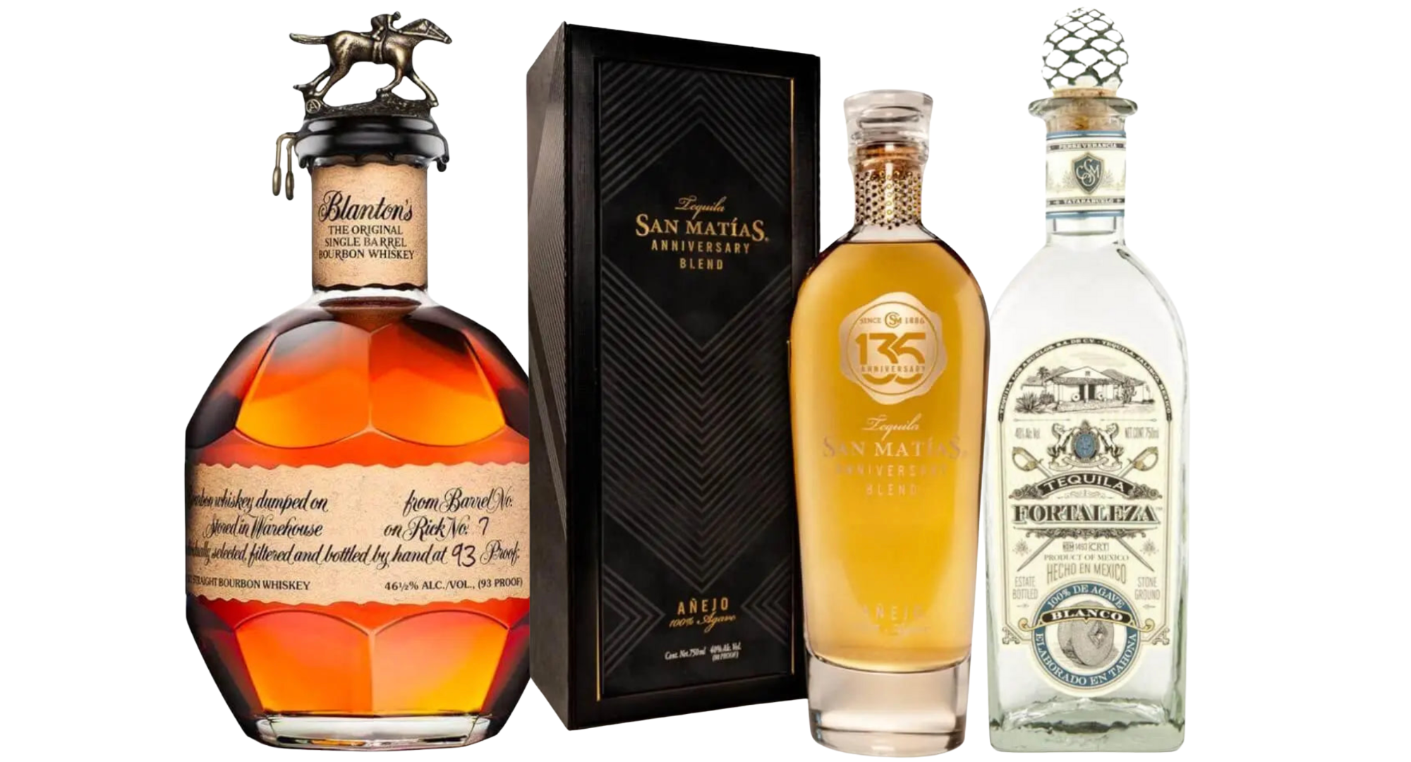 Discover the Main Street Liquor Heritage Reserve Collection, featuring Blanton’s bourbon, Fortaleza Blanco with a clear ornate cap, San Matías tequila (boxed), and San Matías 135th Anniversary Añejo.