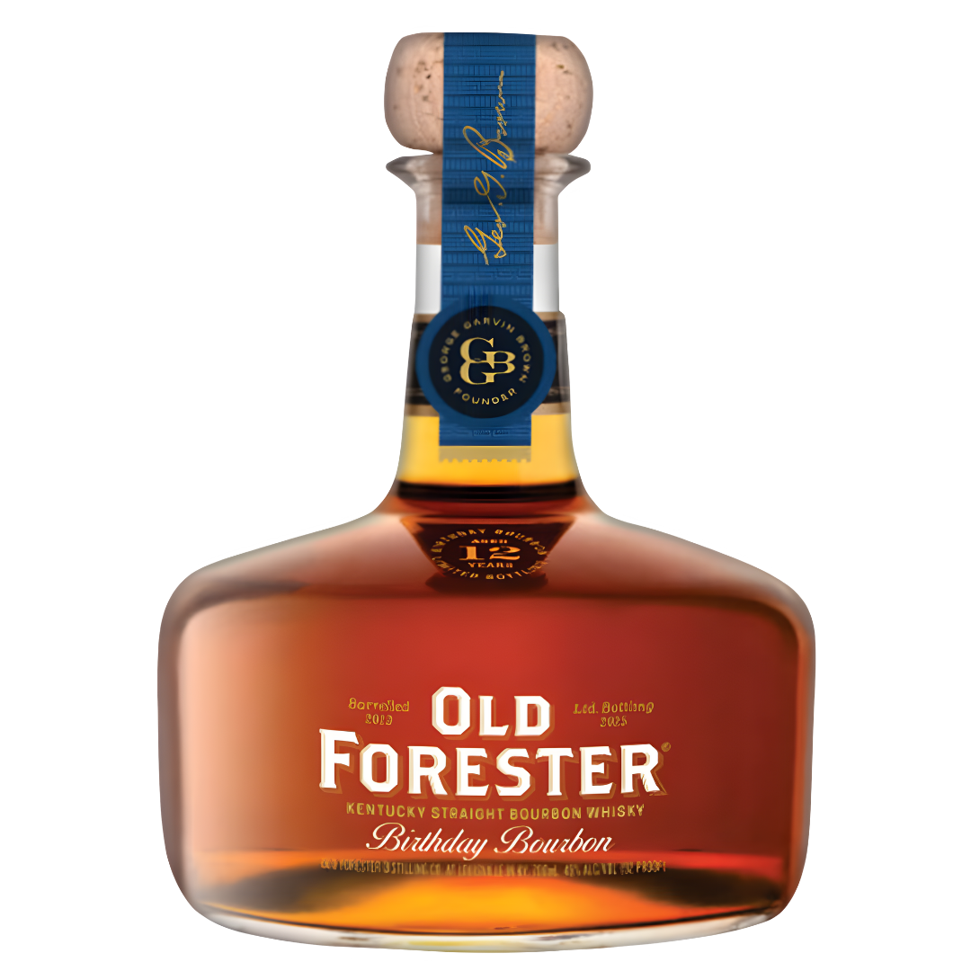 A bottle of Old Forester Birthday Bourbon 2025 Limited Edition Aged 12 Years, featuring a wide base, short neck, cork top, blue ribbon, and a label with Old Forester Kentucky Straight Bourbon Whisky in gold and white.