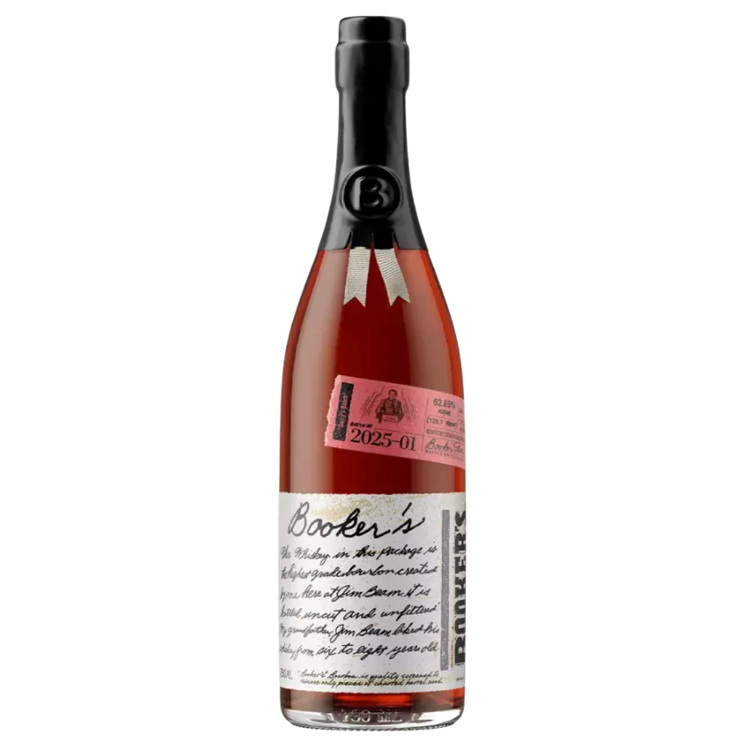 A bottle of Booker's Kentucky Straight Bourbon Whiskey Barry's Batch 2025-01 features an uncut, unfiltered bourbon with a black wax seal, handwritten-style white label, and a pink neck label marked “Barry's Batch 2025-01.”.