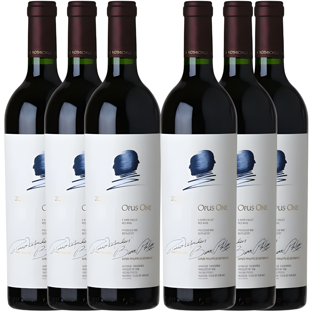 The Opus One Cabernet Sauvignon 2022 6 Bottle Bundle by Opus One displays six elegant bottles, each with a dark red cap and a white label featuring blue brushstrokes and graceful script.