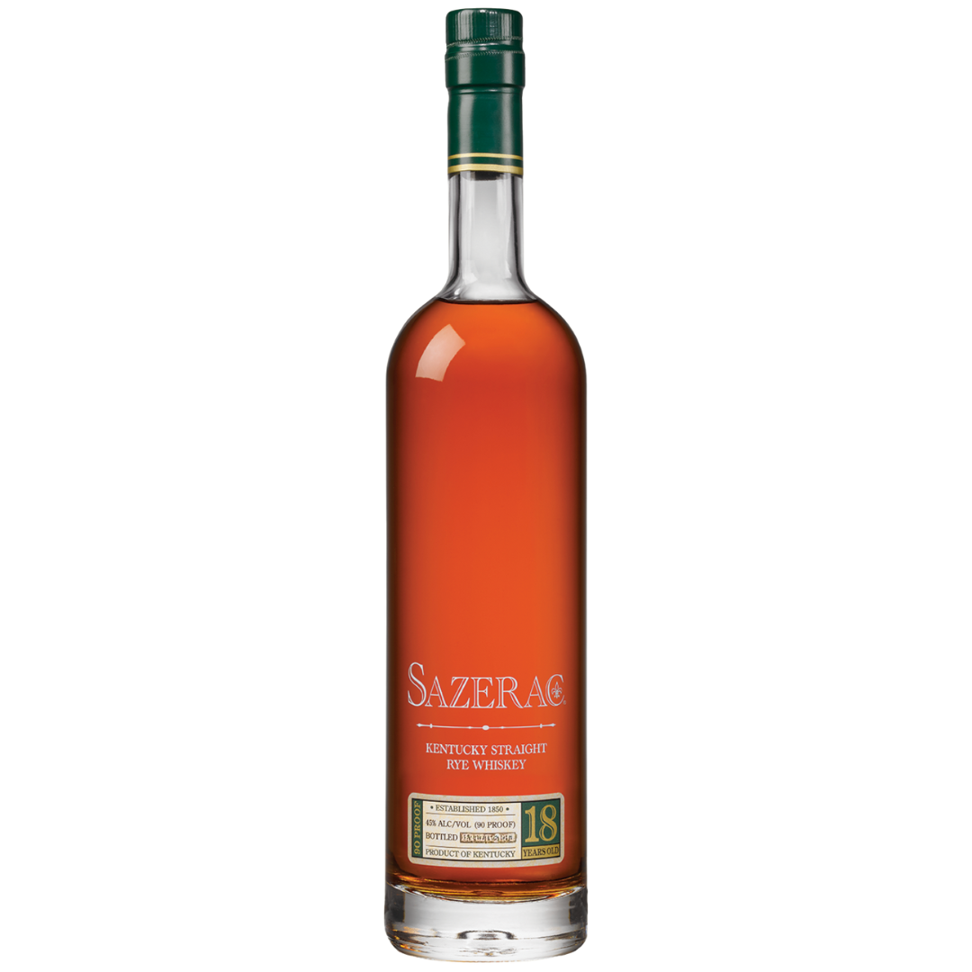 A tall bottle of Sazerac Rye 18 Year Old Kentucky Rye Whiskey 2025 Release, filled with amber liquid. The green and gold label highlights the Sazerac brand and its place in the Buffalo Trace Antique Collection after 18 years aging.