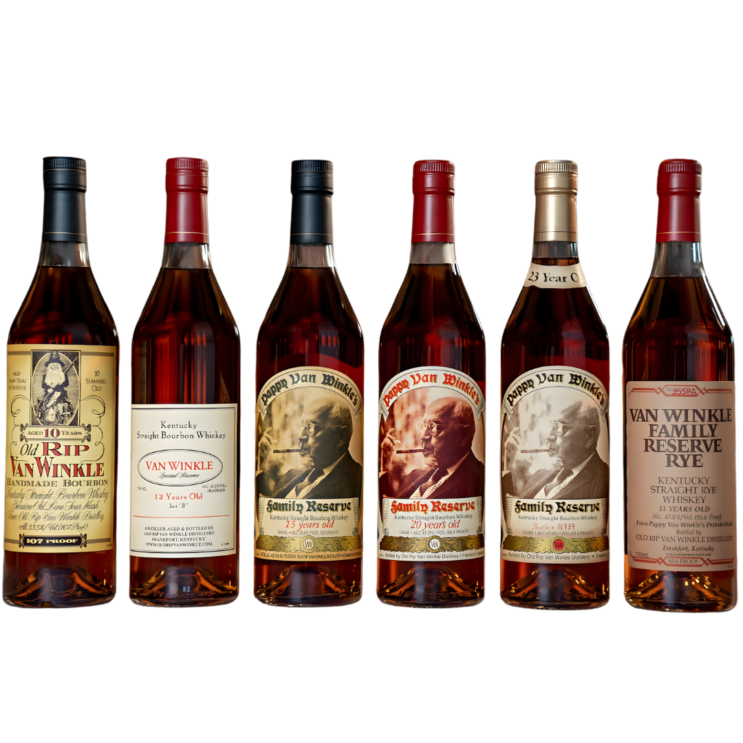 The Pappy Van Winkle’s Family Lineup Bundle Complete 6-Bottle Collection includes six distinct bottles, ideal for collectors, each with unique labels and ages from the renowned Pappy Van Winkle brand.