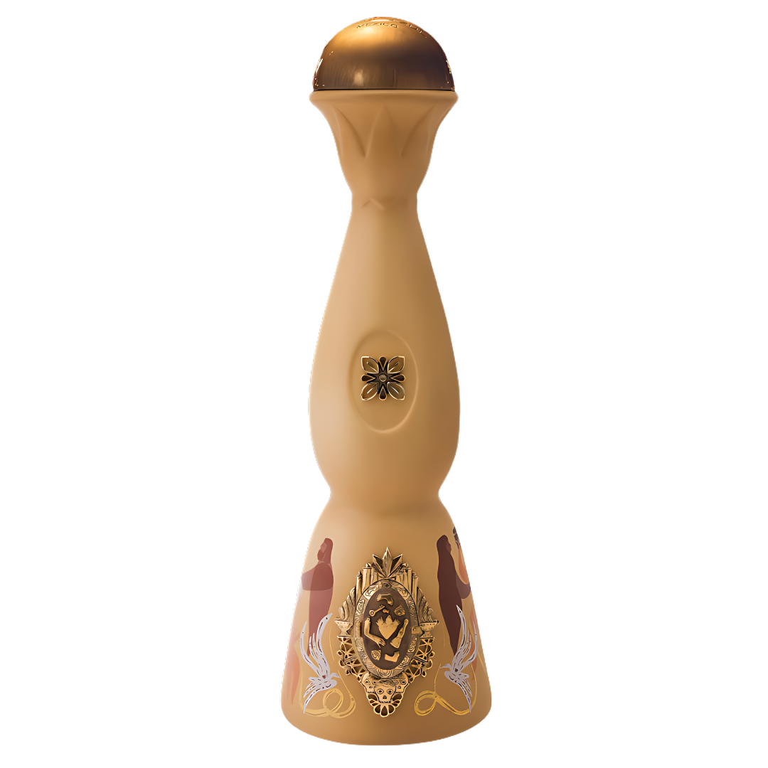 A tall, beige ceramic bottle with a gold dome cap and elegant patterns, the Clase Azul Tequila Dia de Muertos Edicion Limitada Recuerdos by Clase Azul Tequila is perfect for celebrating Día de Muertos in style.