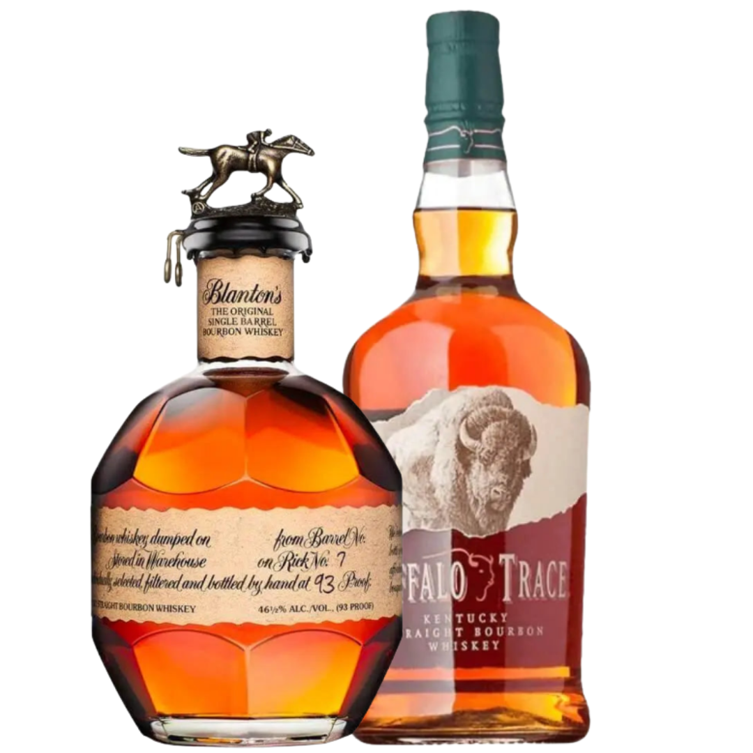 The Blanton Trace Bundle features Buffalo Trace’s Blanton's Original Single Barrel Bourbon and Buffalo Trace Bourbon, both showcasing rich amber liquid in distinctive bottles.