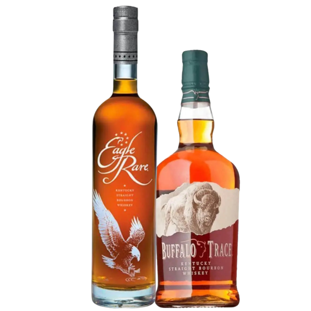 The Buffalo Rare Bundle by Buffalo Trace includes a 700mL bottle of Eagle Rare bourbon with an eagle image and a 700mL bottle of Buffalo Trace bourbon featuring a buffalo, both filled with rich amber liquid.