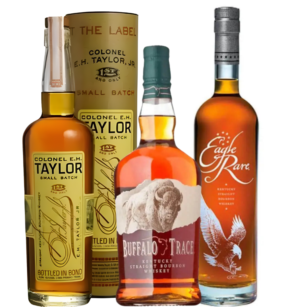 The Buffalo Trace Bourbon Bundle—featuring Colonel E.H. Taylor, Jr. Small Batch, Buffalo Trace, and Eagle Rare 700mL bottles—stands upright with labels showing classic whiskeys from the Buffalo Trace brand.