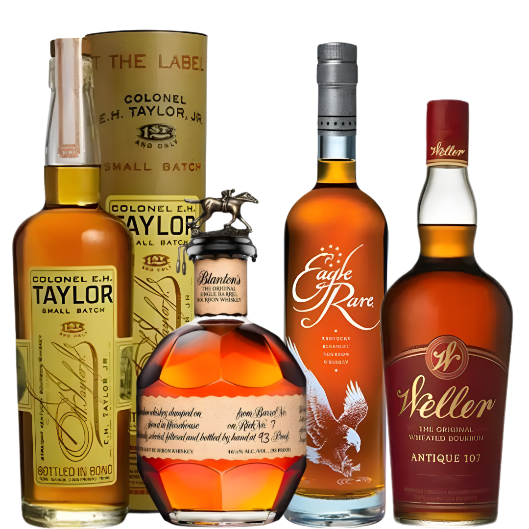 Buffalo Trace’s Bourbon Lover Bundle—featuring Blanton's Single Barrel, Weller 107, E.H. Taylor Small Batch, and Eagle Rare—is displayed upright side by side against a white background.