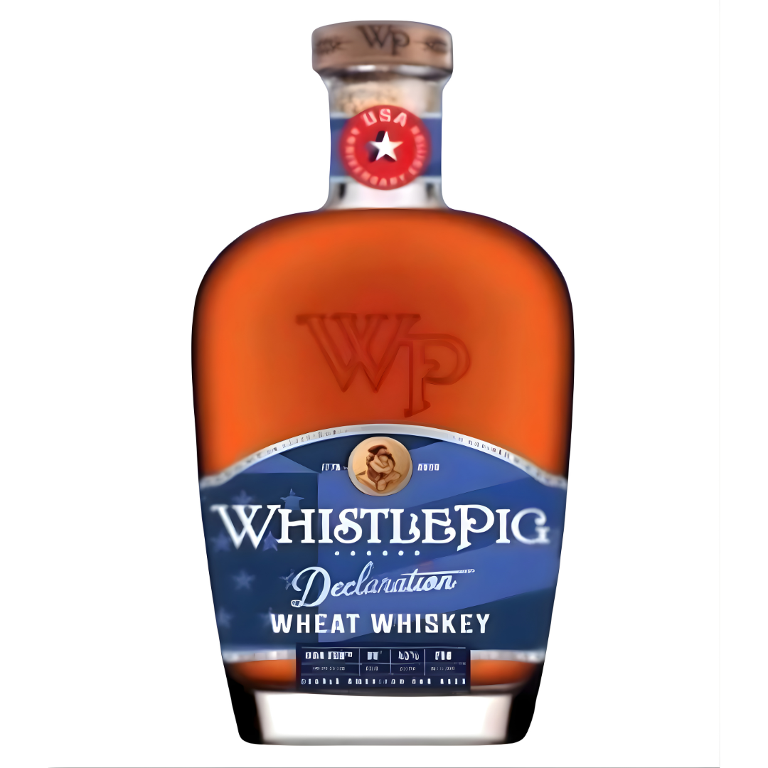 WhistlePig Declaration Wheat Whiskey Limited Edition (PRE-ORDER) features a blue label with white text, a wax seal on the neck, and an illustration of a historical figure above the WhistlePig brand name.