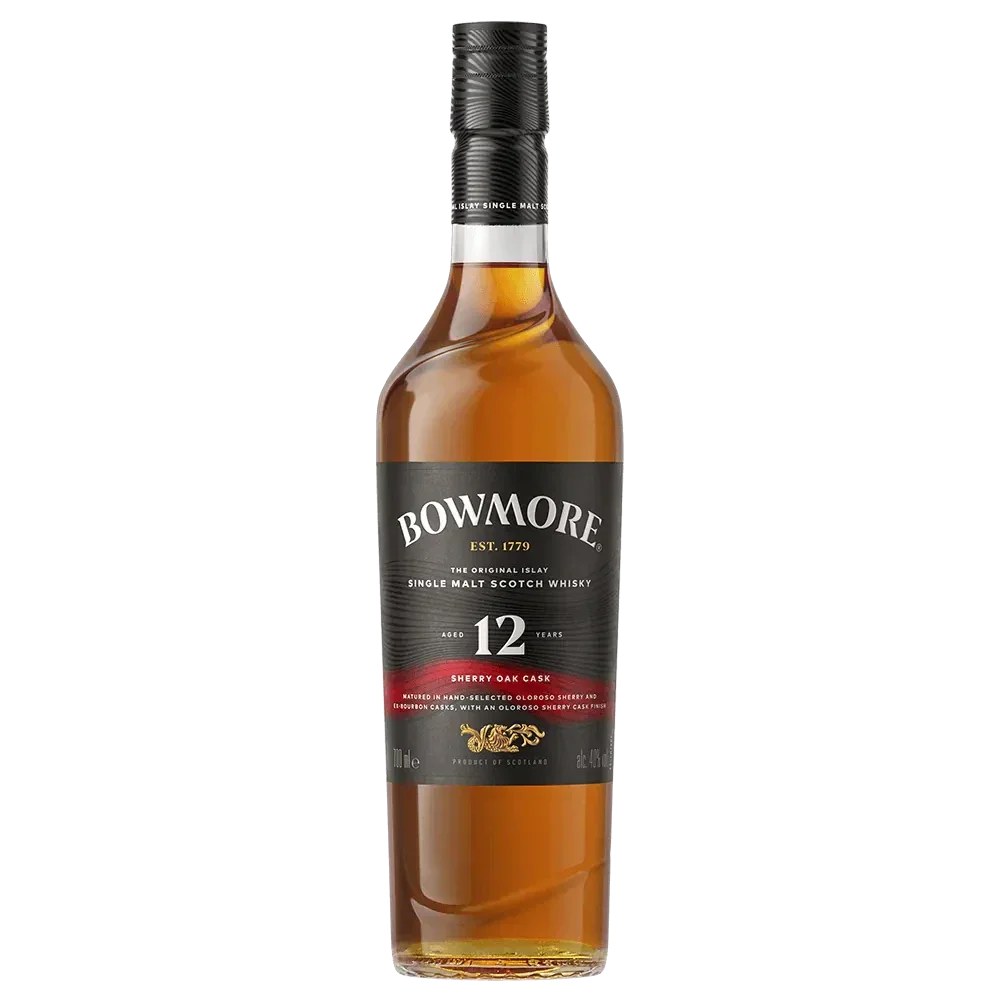 Bowmore 12 Year Sherry Oak Single Malt Scotch Whisky bottle, 700mL, showcasing rich amber color and distinctive label.