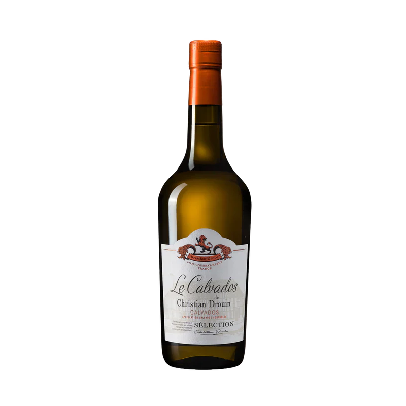 A bottle of Christian Drouin Calvados Sélection apple brandy with a white label and orange cap is shown against a plain white background.