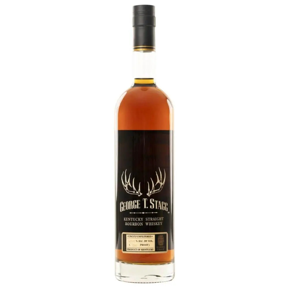 A tall bottle of George T. Stagg Bourbon by Buffalo Trace, 2024 release, features dark amber liquid, a black cap, and an antler-adorned label with gold and white text—an icon among the best American whiskies.