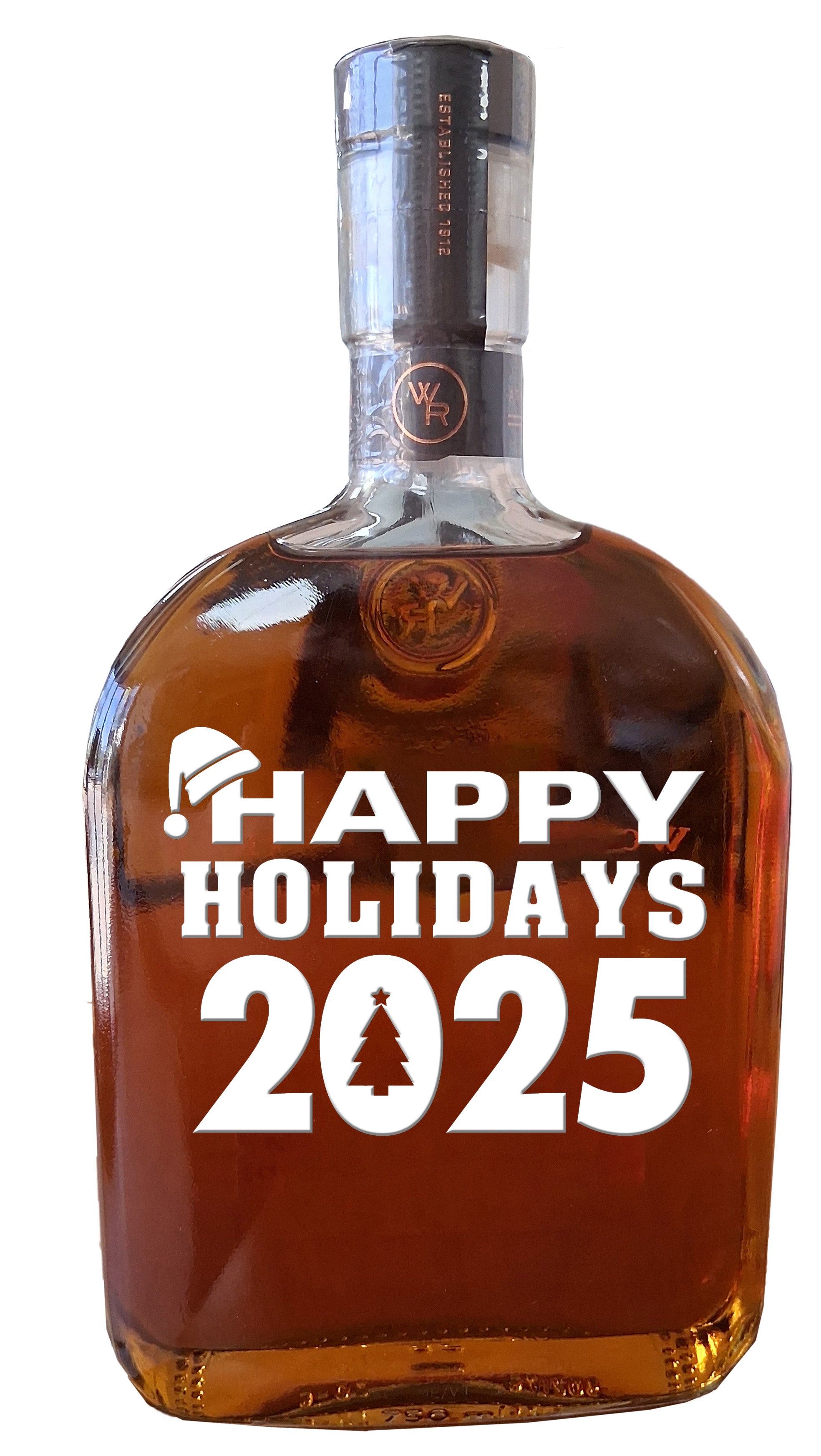 The Woodford Reserve Limited Edition "Happy Holidays 2025" Bourbon features a festive design with “Happy Holidays 2025” in white, a Santa hat on the H, and a Christmas tree in the zero—perfect for fans of unique bourbon gifts.