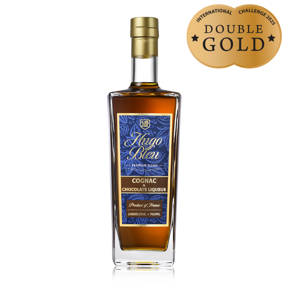 Hugo Bleu Cognac & Chocolate Liqueur bottle with Double Gold award, luxurious blend of cognac and chocolate.
