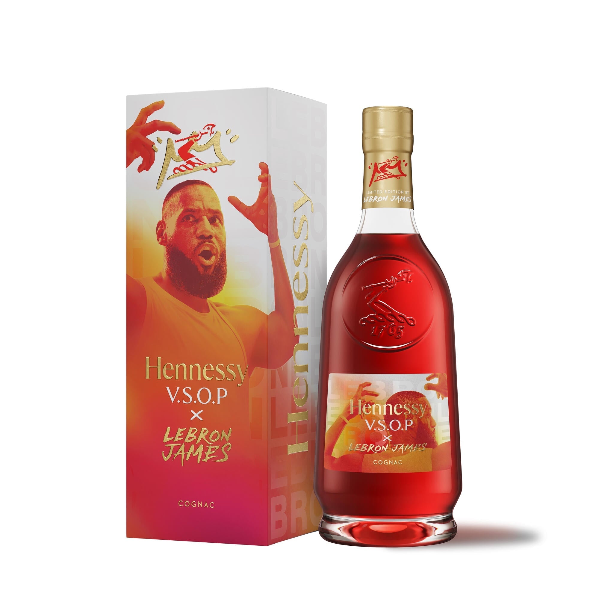 The Hennessy V.S.O.P x LeBron James Limited Edition Cognac features a striking gold and red box with LeBron’s image and name, displayed alongside the iconic Hennessy bottle.
