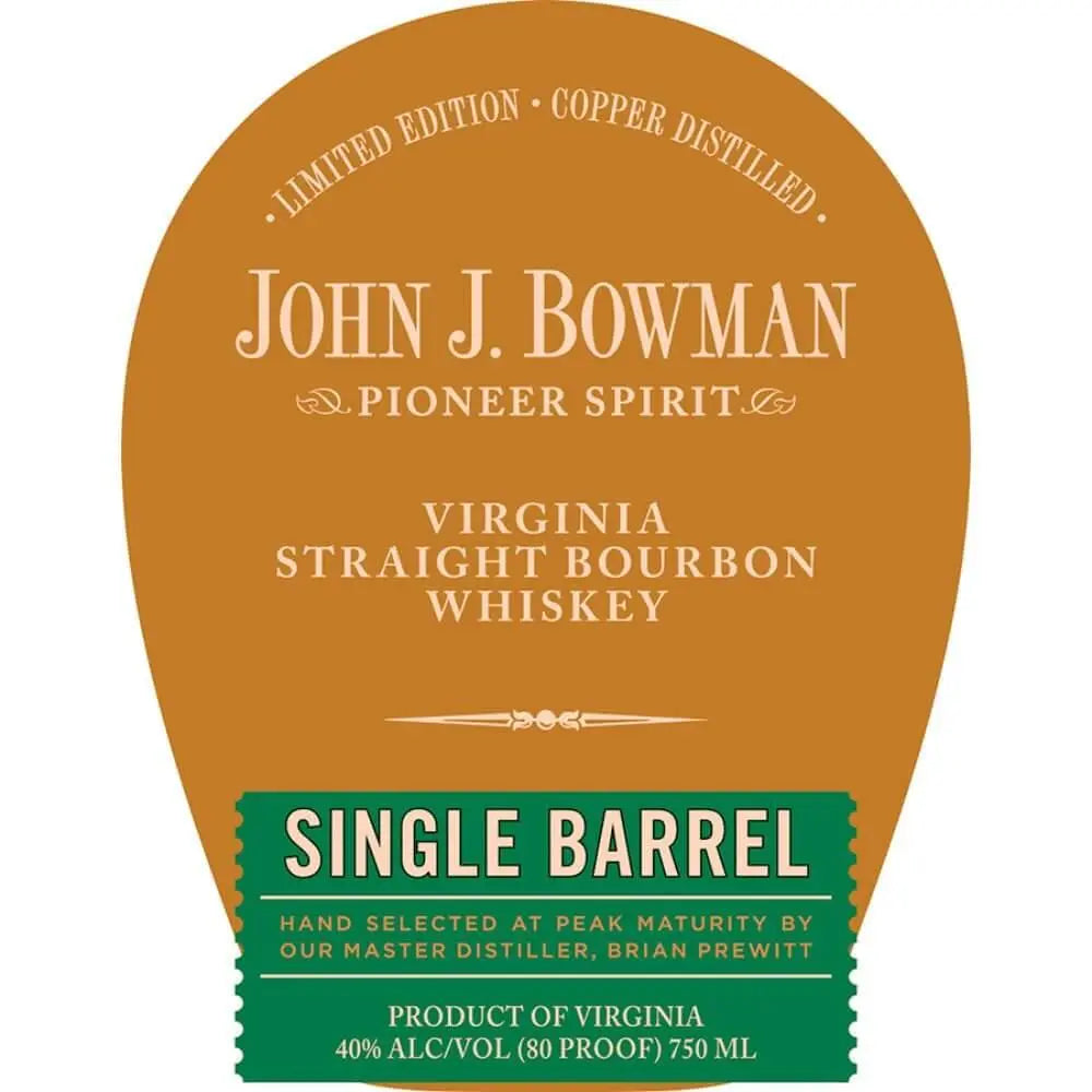 A brown and green label for John J. Bowman Single Barrel Bourbon – K&L Wines Store Pick (Limited Edition) by A. Smith Bowman Distillery, 40% ABV, 750 ml—copper distilled and crafted in Virginia.