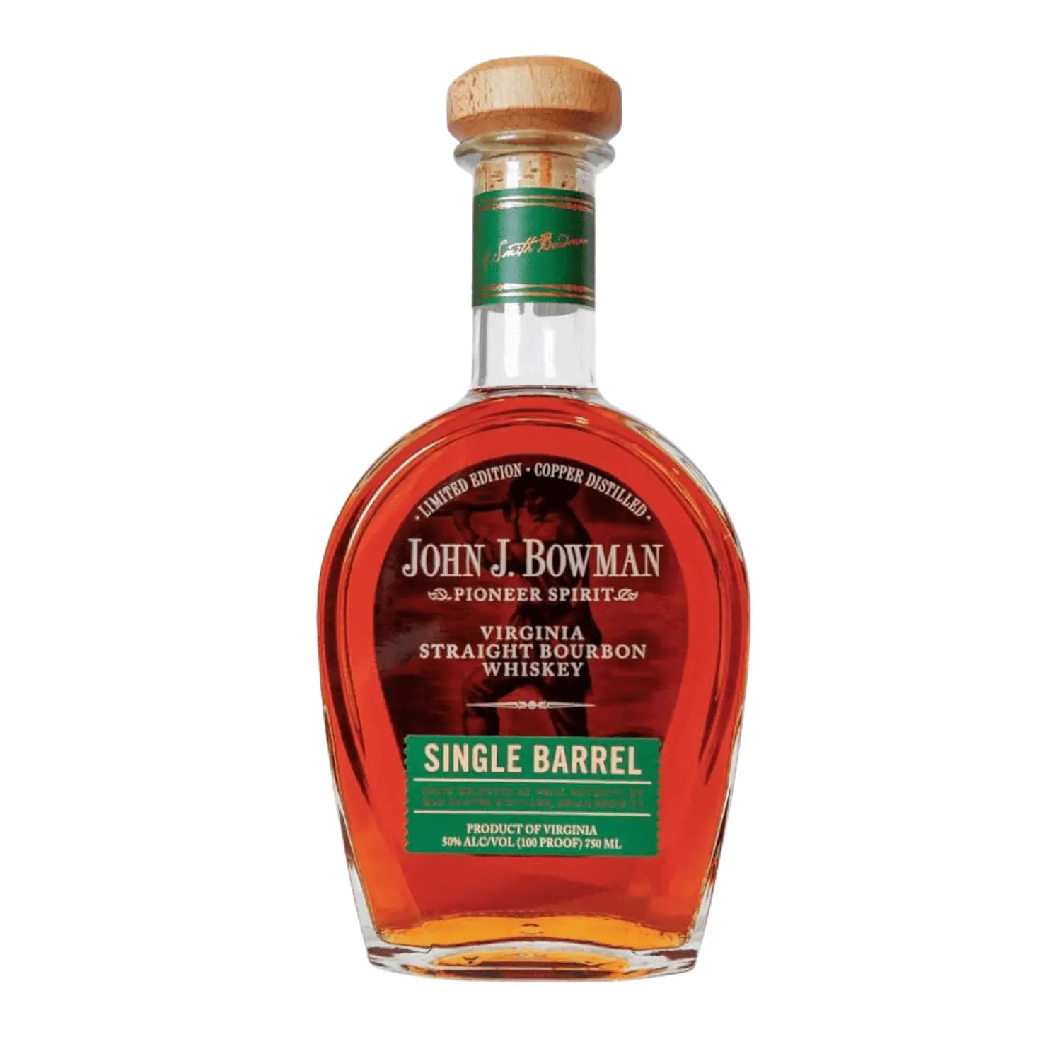 The A. Smith Bowman Distillery’s John J. Bowman Single Barrel Bourbon – K&L Wines Store Pick (Limited Edition) features a green and gold label, a wooden cork top, and displays its amber whiskey in an elegant bottle.