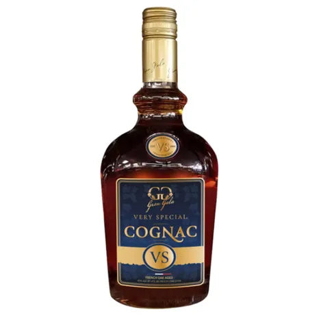 A bottle of Gran Gala VS Cognac, a premium brandy with a gold cap and a blue and gold label featuring the words Gran Gala VS Cognac on the front.