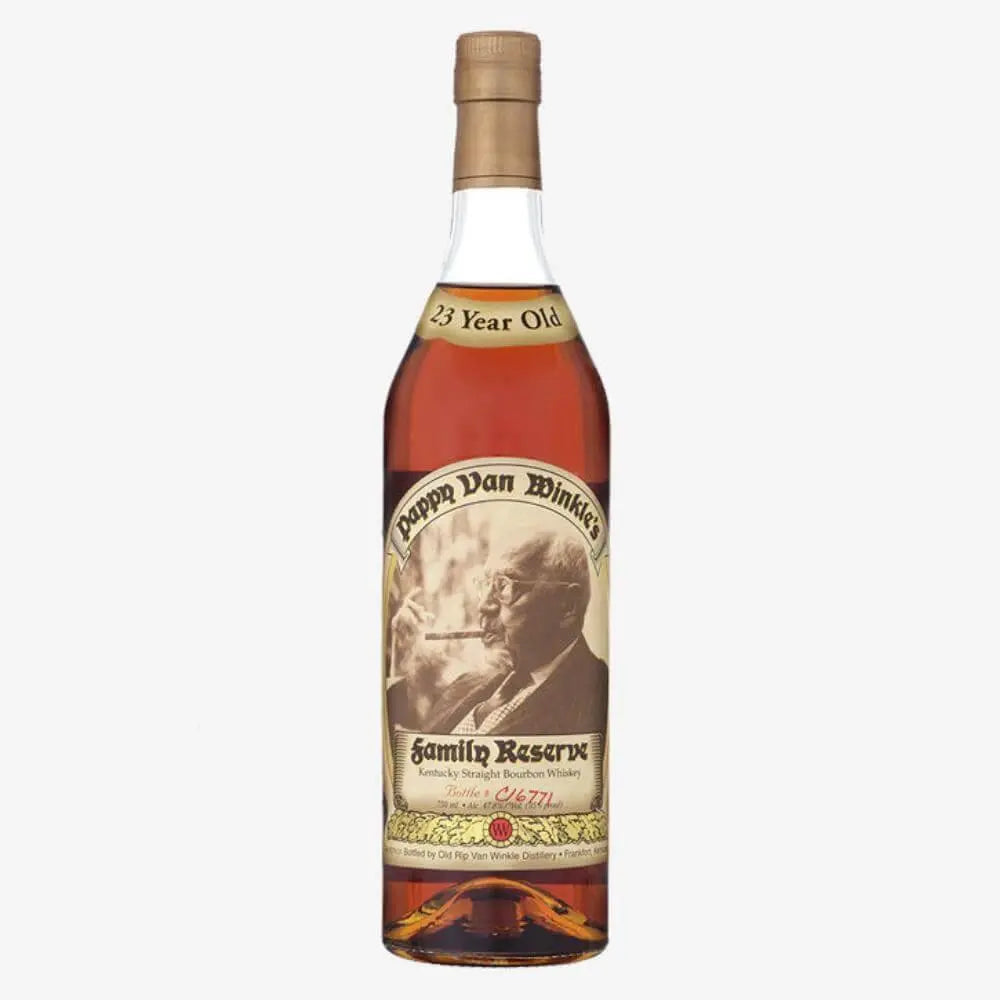 A bottle of Pappy Van Winkle’s Family Reserve Bourbon 23 Year Old by Pappy Van Winkle, with a cream label, an illustration of a man, and gold accents, displaying its rich mahogany color against a white background.