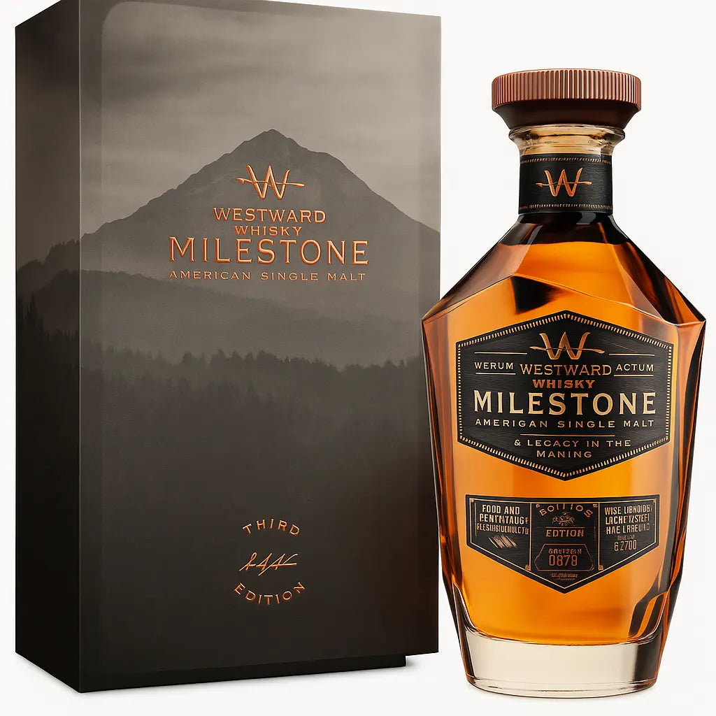 A bottle of Westward Whiskey Milestone Edition No. 3 stands beside its branded box with a mountain design. The label marks it as the Third Edition—a limited-release American Single Malt from Westward, a true legacy in the making.
