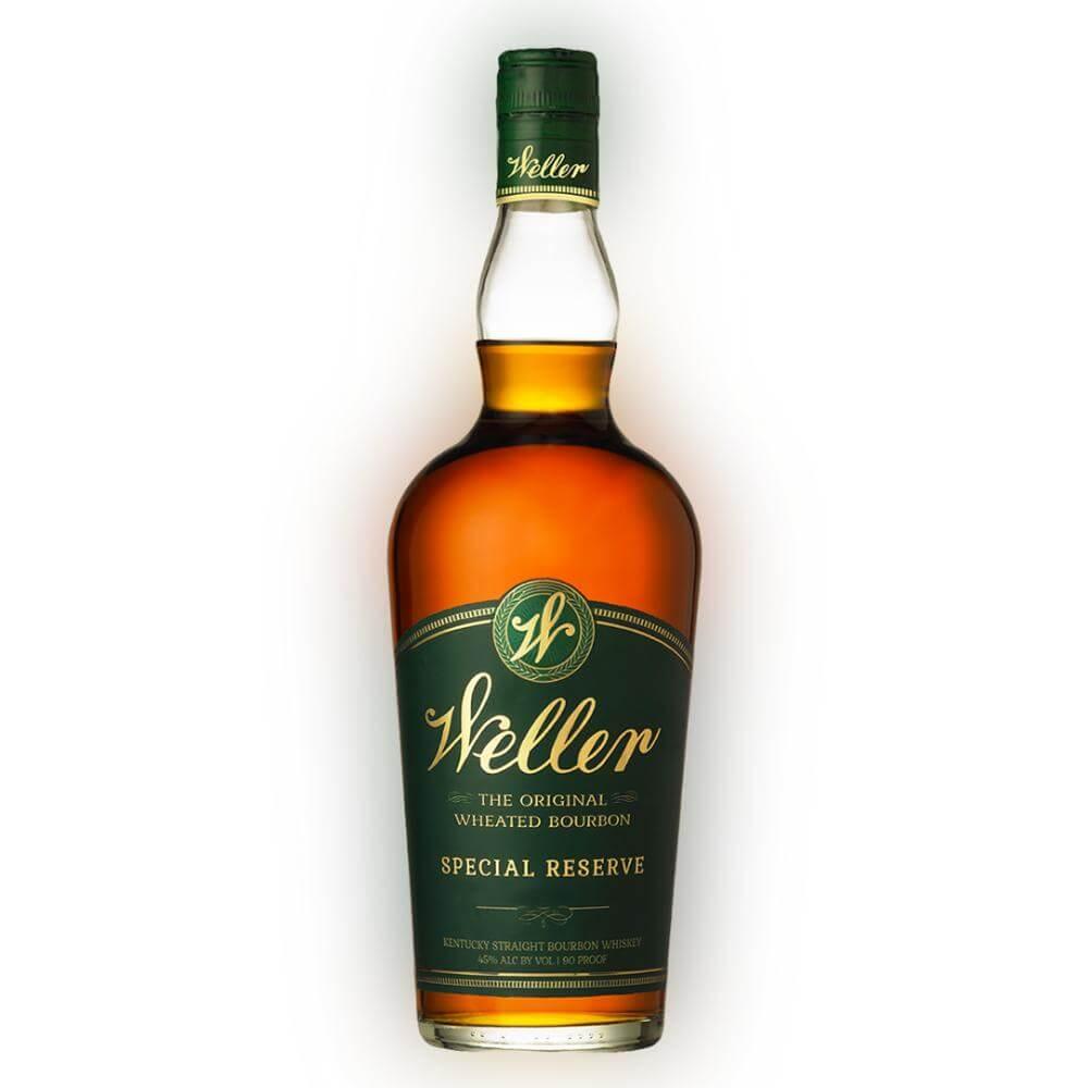 A 750mL bottle of Buffalo Trace’s W.L. Weller Special Reserve features a green and gold label reading "The Original Wheated Bourbon" and "Special Reserve." Its amber liquid offers a smooth, sippable wheated bourbon experience.