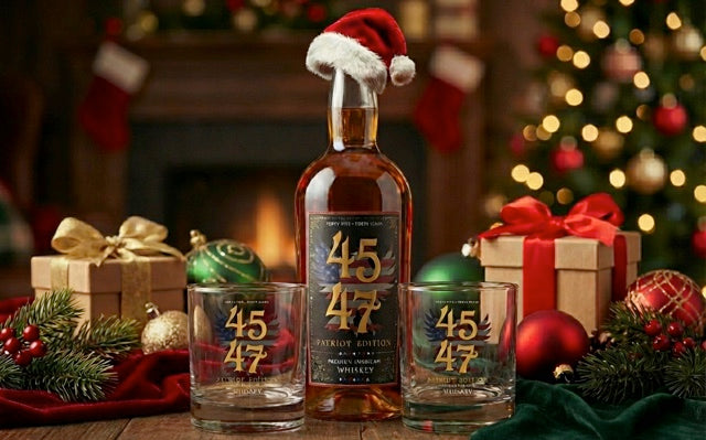 A bottle of 4547 Whiskey Patriot Edition 750mL with 2 rock glasses is displayed in festive holiday décor, surrounded by Christmas ornaments, gifts, and greenery, with a decorated tree and fireplace in the background.