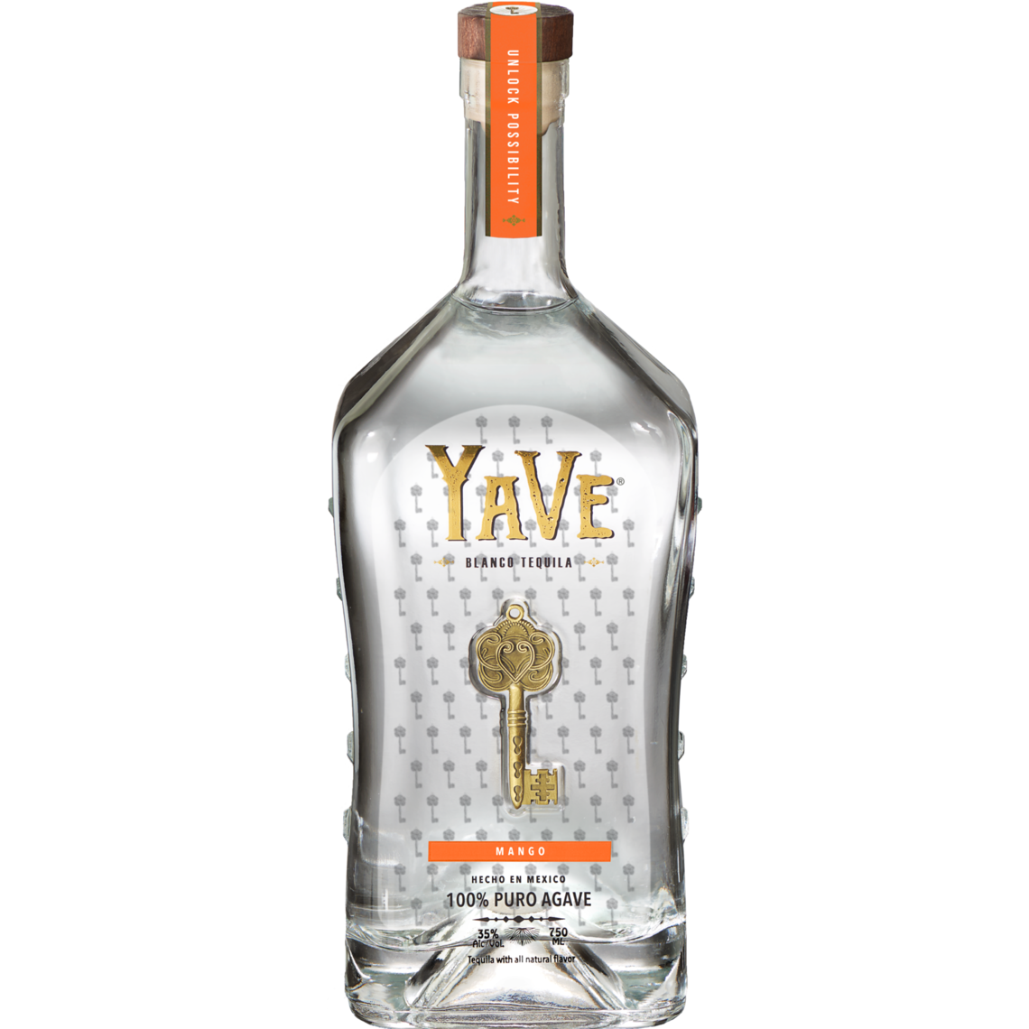 A clear bottle of YaVe Tequila Mango features gold lettering, a gold key design, and a wooden cap. Made from 100% pure agave for an ultra-smooth taste—perfect for guilt-free margaritas. Brand: YaVe Tequila.