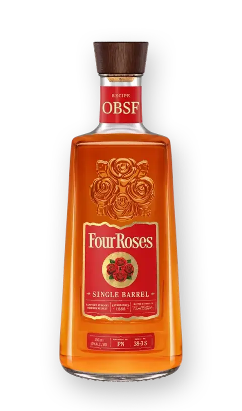 A bottle of Four Roses OBSF Single Barrel Bourbon with a red label featuring rose graphics, the Four Roses name, recipe code OBSF, other product details, and a wooden cap.