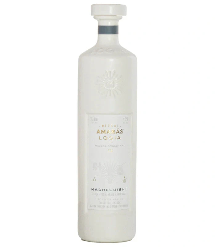 A white bottle of Amaras Mezcal Joven Reserva Especial Madrecuishe C2 700mL, featuring minimalistic embossed designs and gold and gray text on the label.