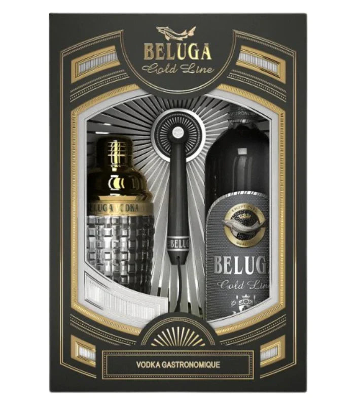 The Beluga Noble Gold Line Vodka Gift Set by Beluga includes a gold and silver bottle, a black Gold Line bottle, and a metal bottle opener with elegant black and gold packaging.