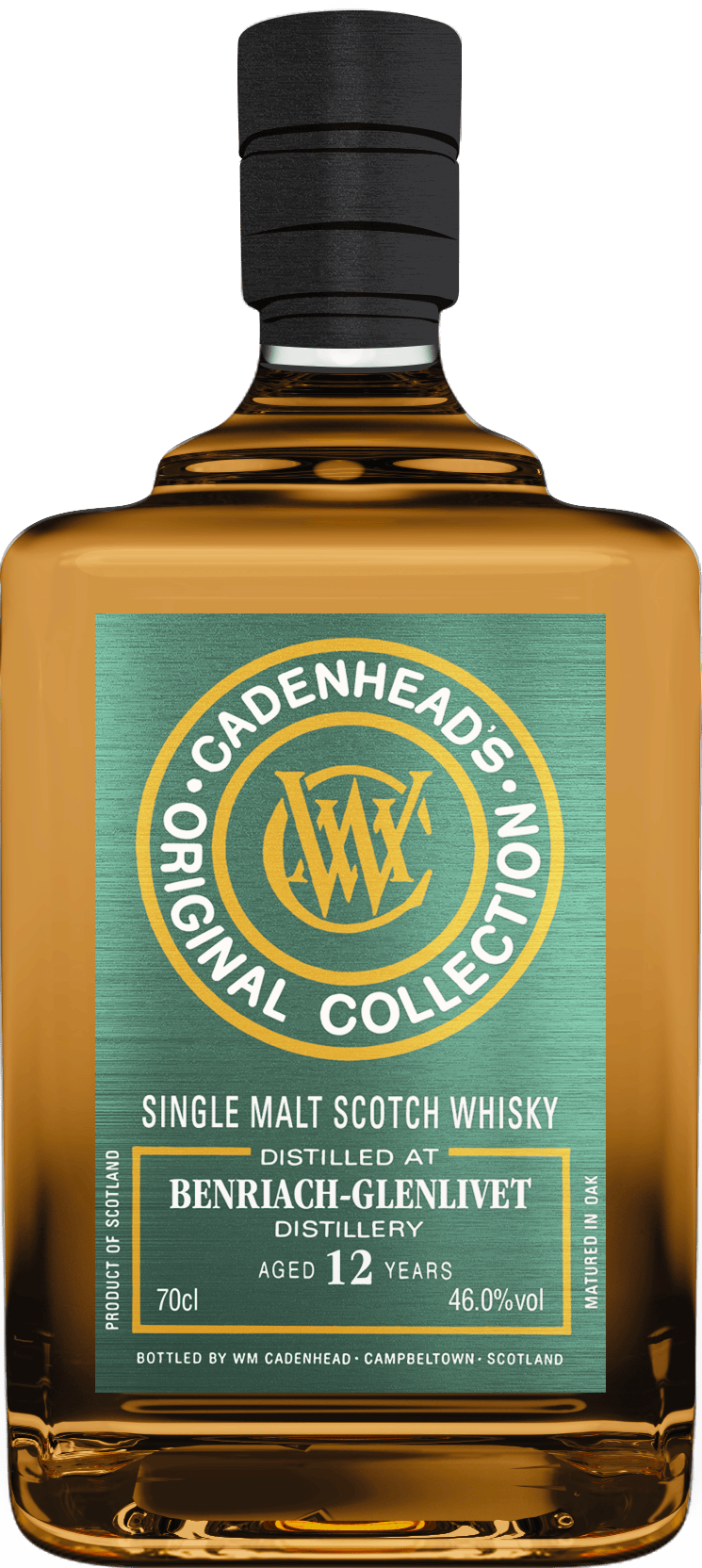 A bottle of WM Cadenhead’s Original Collection Benriach-Glenlivet 12 Year, matured in Amontillado casks, with an amber hue and a teal-and-gold label reflecting the refined Speyside character of this distinguished single malt.