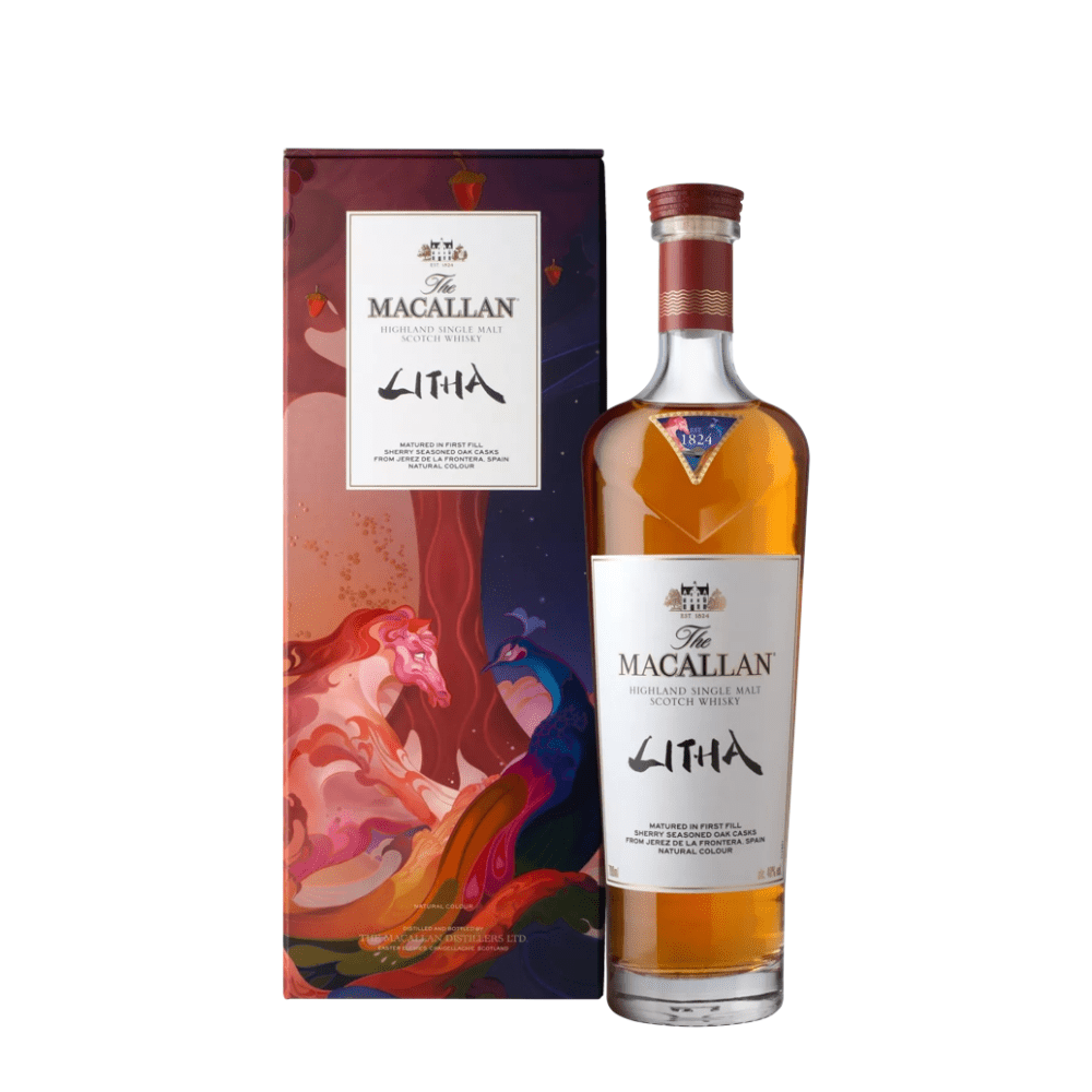 A bottle of The Macallan Litha Highland Single Malt Scotch Whisky by The Macallan stands beside its vibrant, illustrated box, highlighting the whisky’s rich sherry cask matured character.
