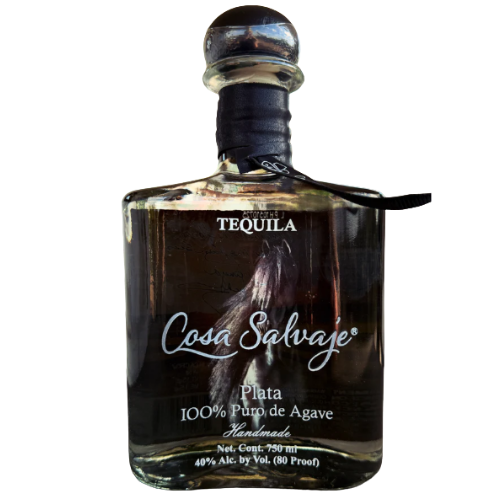 A 750 ml bottle of Cosa Salvaje Tequila Plata by Cosa Salvaje, featuring a short neck, round wooden cap, and clear labeling: 100% Puro de Agave, Handmade, 40% Alc. by Vol. (80 Proof).