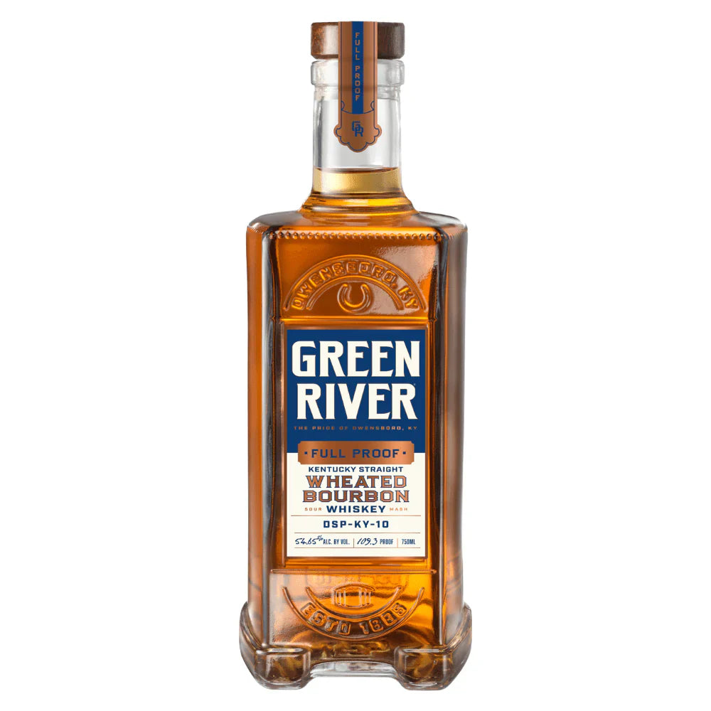 A bottle of Green River Full Proof Wheated Bourbon from Green River, featuring a blue and white label and amber liquid, is displayed on a white background.